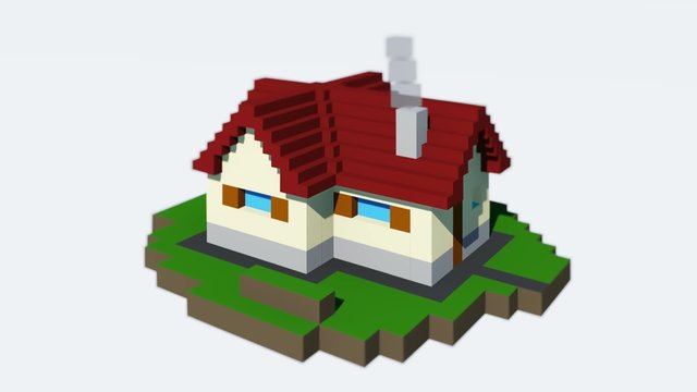 Cube small house on white background. Rotating loop animation. Cartoon land. No texture.