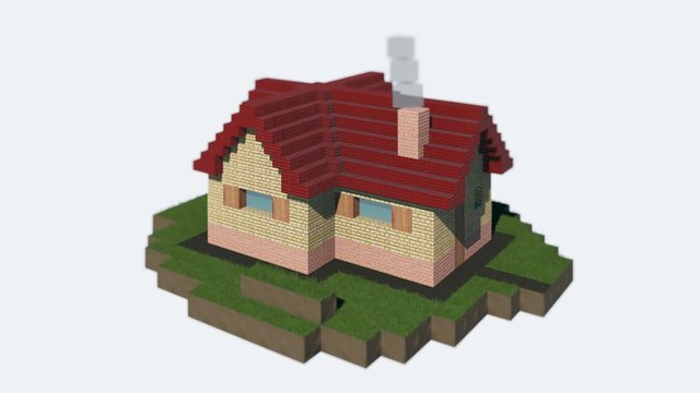 Cube small house on white background. Rotating loop animation. Cartoon land.