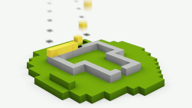 Animated construction (building) of cartoon block house. Falling blocks.