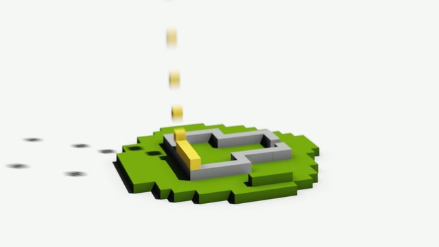 Animated construction (building) of cartoon block house.Falling blocks. Rotating animation.