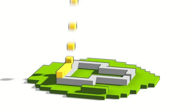 Animated construction (building) of cartoon block house toy. Falling blocks. Bright cartoon style.