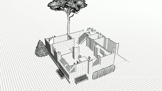 Constructing modern house, animated 3d blueprint. White background.