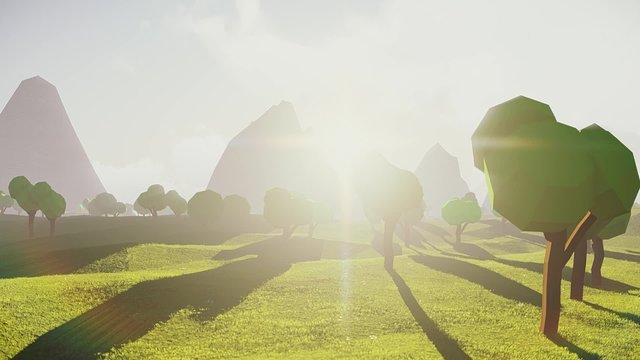 Panorama of sunset in low polygonal mountain valley forest. Cartoon animated intro. Landscape.