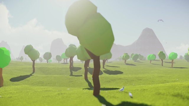 Sunset in low polygonal mountain valley forest. Cartoon animated intro. Cartoon landscape. Looped rotation.