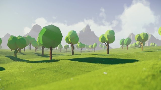 Walk through Low polygonal mountain valley forest with small house. Cartoon animated intro. Cartoon landscape.