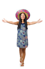 Young attractive woman wearing sombrero on white