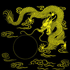 Obraz premium Smok złoto na czarnym tle