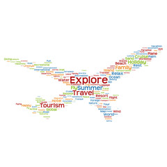 Fototapeta na wymiar Concept or conceptual colorful plane silhouette travel tourism text word cloud 