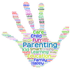 Conceptual child education hand print word cloud isolated