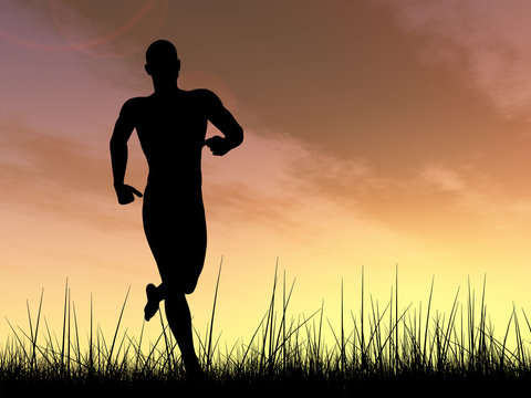 Conceptual man running in grass at sunset