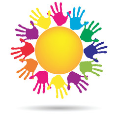 Vector concept circle of hands, yellow sun symbol