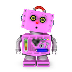 Pink vintage toy robot girl over white background with surprised facial expression