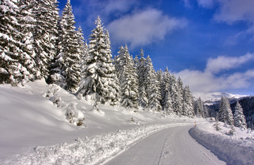 Fototapeta premium Mountain road covered with snow