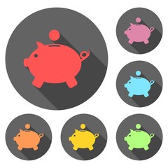 Piggy bank icons set with long shadow