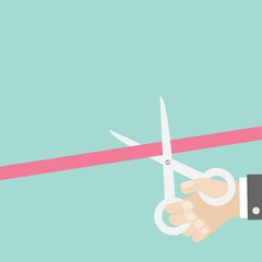 Hand scissors cut the straight ribbon right. Opening ceremony. Inauguration Flat design style.