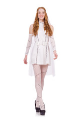 Pretty lady in light charming dress isolated on white