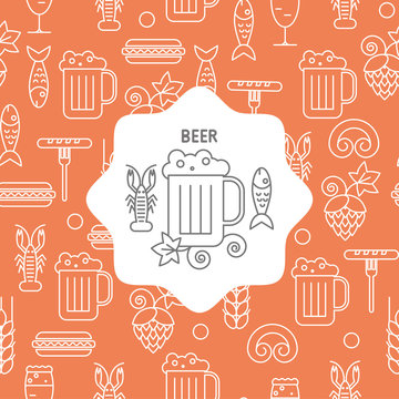 Seamless pattern beer and snack icons and emblem.