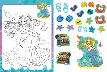 Cartoon scene of marmeid sitting on the shell - illustration for children