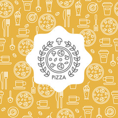 Pizza and coffee seamless pattern and emblem.