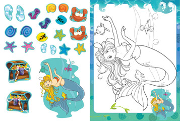Cartoon scene of mermaid underwater - coloring page with stickers - illustration for children
