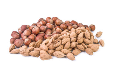 Nuts almonds and hazelnuts on a white
