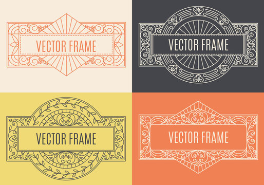 Vector set of floral frame in mono line style with copy space for text - logo design template