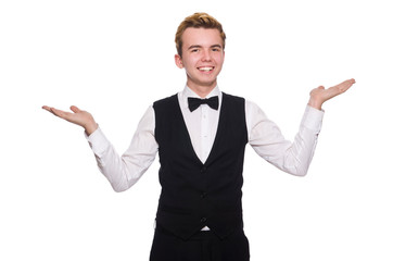 Young man in black classic vest isolated on white