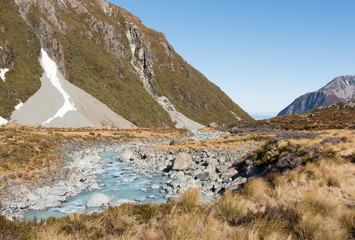 Winding mountain river flowing through the valley, Aoraki nation