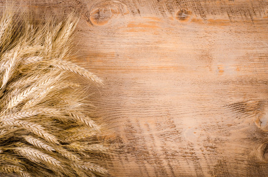 ears of wheat on wooden background. Frame