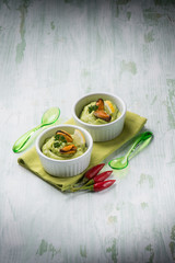 avocado cream with mussel appetizer