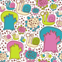 Vector Seamless Pattern with Snails Flowers and Trees