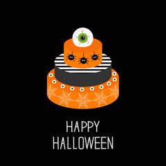 Cake with pumpkin, ghost, spider, web and eyeballs. Happy Halloween. Black background. Flat design