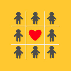 Man Woman icon Tic tac toe game. Red heart sign Yellow background Flat design