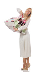 Woman with shopping bags on white