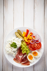 Breakfast - boiled egg, bacon, cottage cheese and vegetables