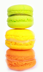 Sweet and colourful french macaroons or macaron on white background, Dessert.