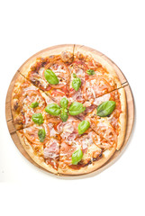 Pizza with ham on white background