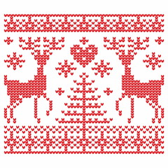 Knitted pattern. Christmas, deers, snow, hearts.