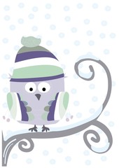 a cute, little owl on a tree branch and snowflakes background / winter