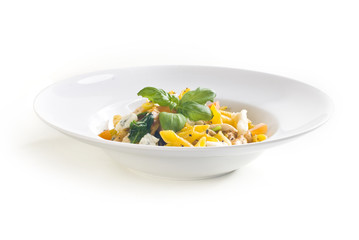 Pasta with grilled chicken, gorgonzola cheese and tomato