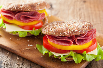 healthy salami sandwich with tomato pepper and lettuce