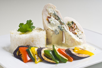 Turkey rolls with gorgonzola cheese, dried tomatoes and spinach stuffing with grilled vegetables...