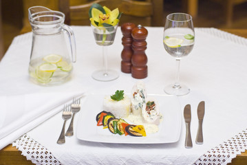 Turkey rolls with gorgonzola cheese, dried tomatoes and spinach stuffing with grilled vegetables...
