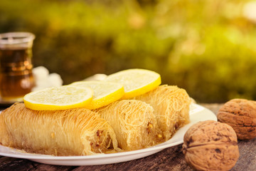 Kataif dessert of nuts and sweet syrup