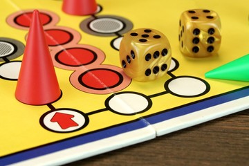 ludo Or  Parchis Game Board With Playing Figures And Two Dices