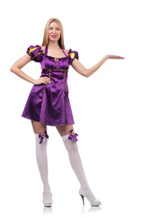 Cute girl in purple masquerade dress isolated on white