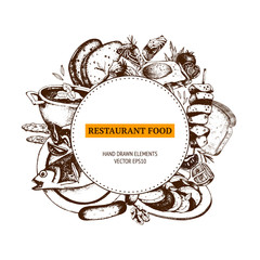 Vector menu template. Vintage food design  with sketched elements. Ink hand drawn food illustration