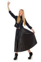 Fototapeta premium Blondie in leatner clothing isolated on white