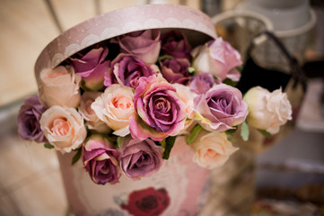 Bouquet of beautiful pink roses in box