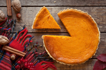 Sweet delicious natural pumpkin tart pie dessert sliced on